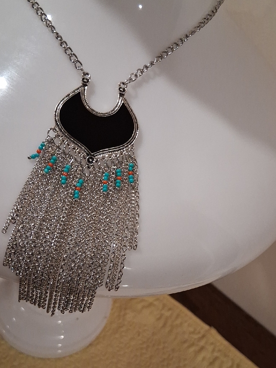 The Unbranded Brand Jewelry - Boho Silver Fringe Necklace with Black Pendant and Turquoise Beads